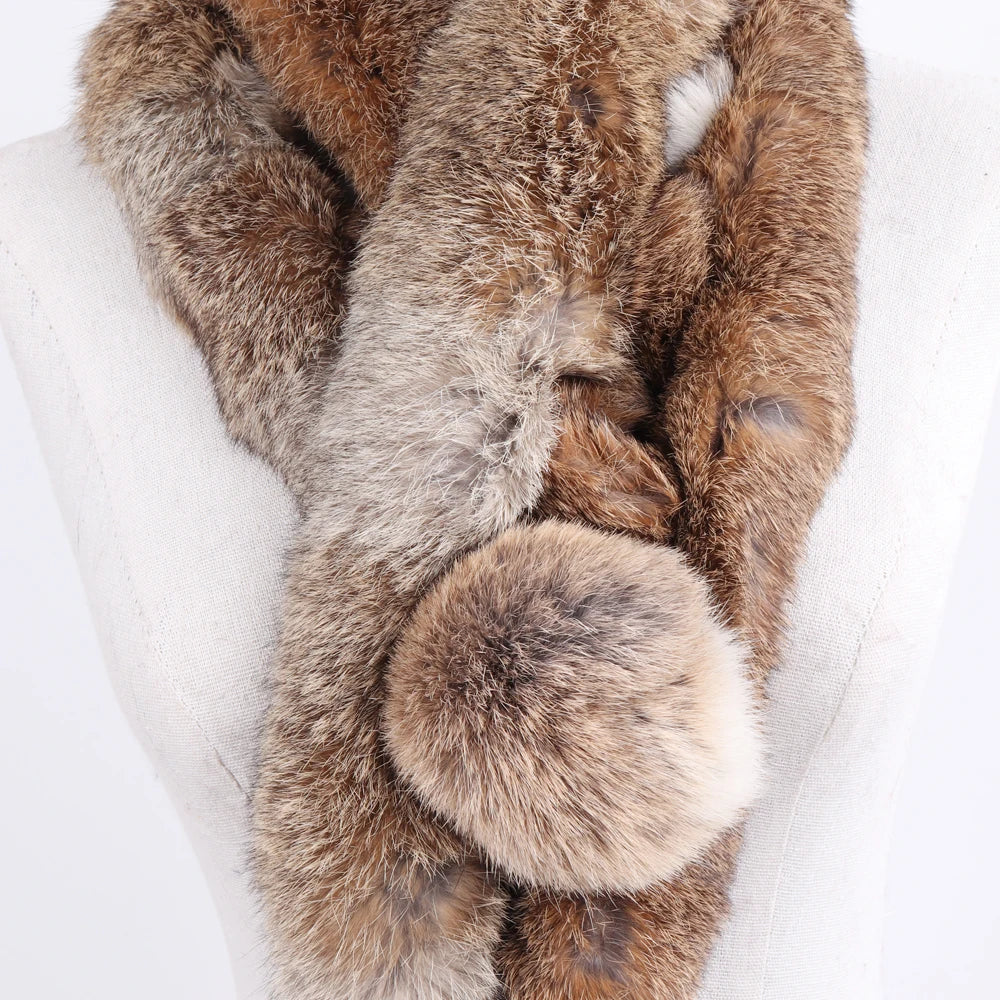2026 New Russian Women Genuine Fur Long Scarf Winter Ladies Warm Real Rabbit Fur Muffler Knit Fluffy Pompoms Natural Fur Scarves