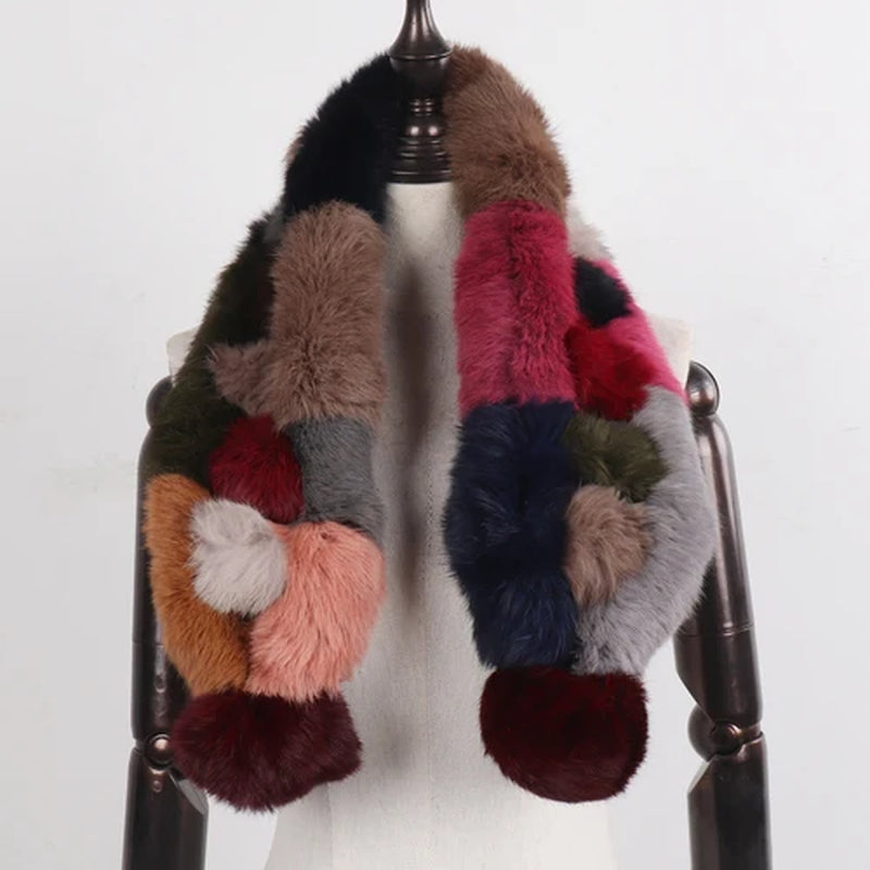 2026 New Russian Women Genuine Fur Long Scarf Winter Ladies Warm Real Rabbit Fur Muffler Knit Fluffy Pompoms Natural Fur Scarves