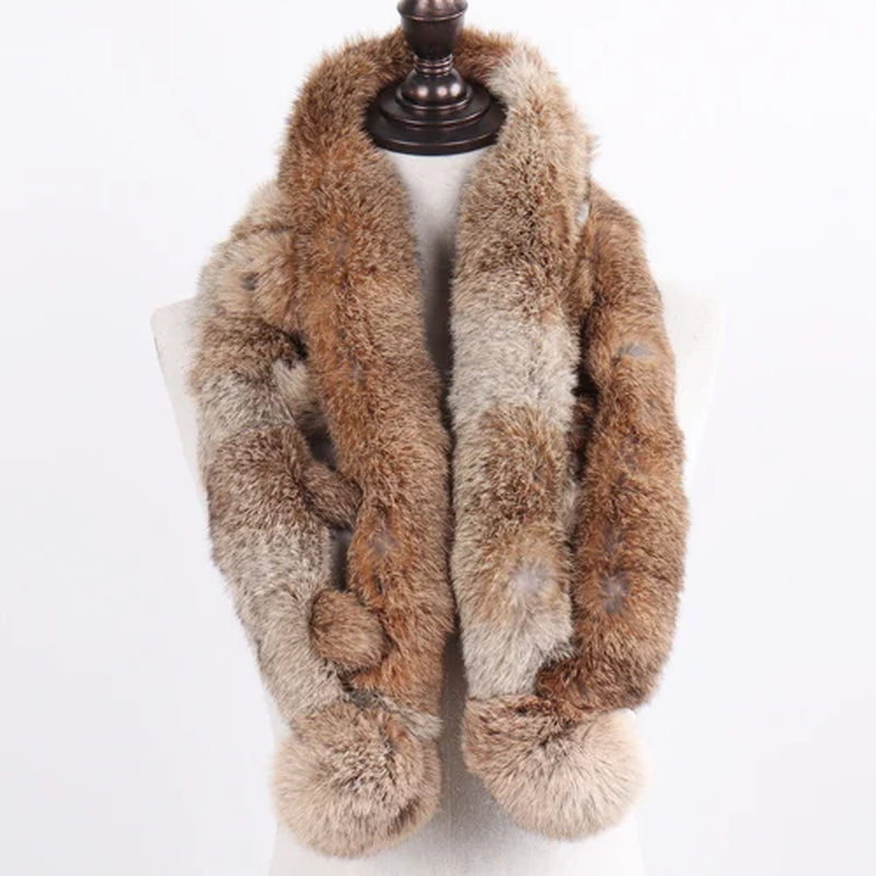 2026 New Russian Women Genuine Fur Long Scarf Winter Ladies Warm Real Rabbit Fur Muffler Knit Fluffy Pompoms Natural Fur Scarves