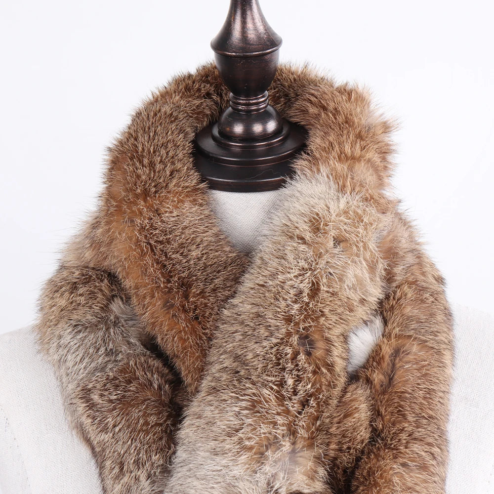2026 New Russian Women Genuine Fur Long Scarf Winter Ladies Warm Real Rabbit Fur Muffler Knit Fluffy Pompoms Natural Fur Scarves