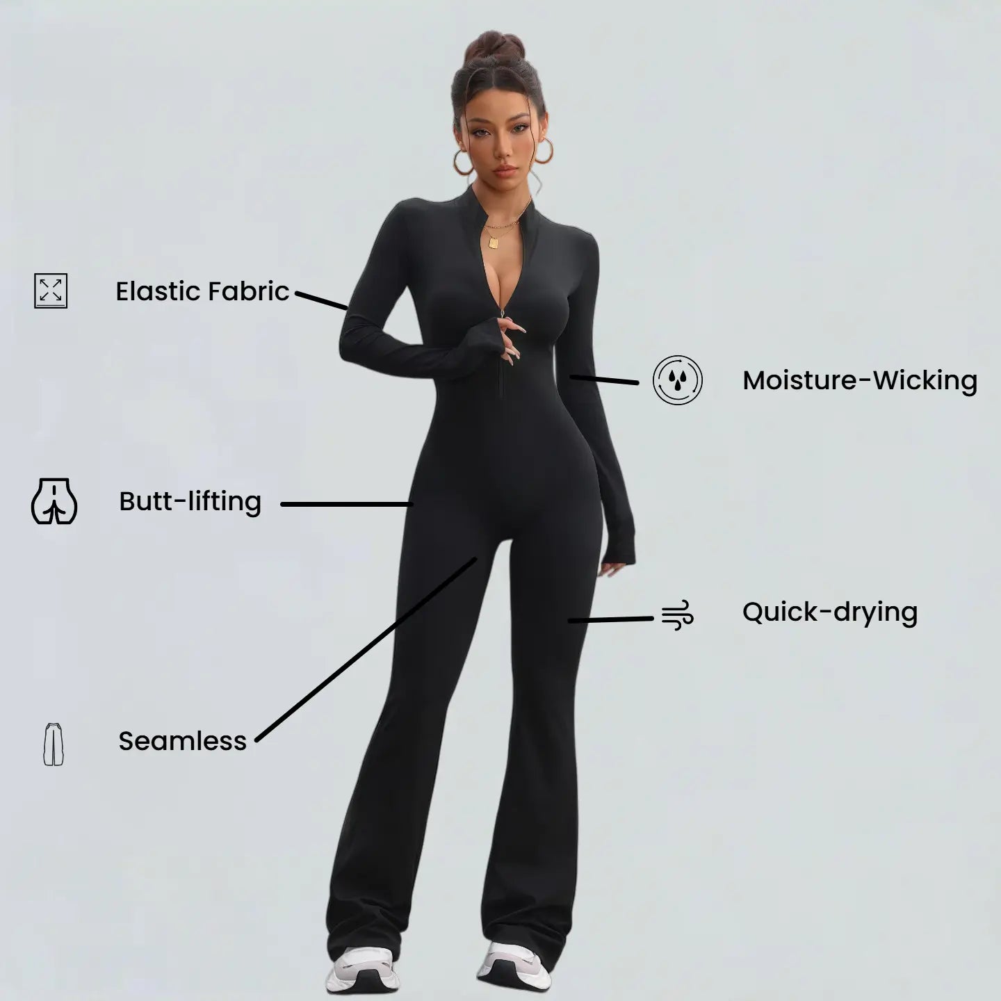 Sol Grove Sienna Casual Jumpsuit Women'S Sportswear Seamless Butt-Lifting Quick Dry Moisture-Wicking Elastic Fabric for Yoga Comfortable Everyday Wear with Front Zip Womenswear Black Overalls Rompers