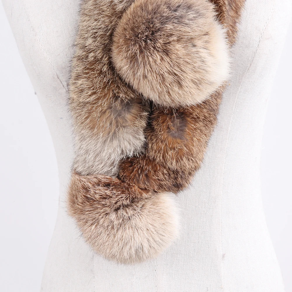 2026 New Russian Women Genuine Fur Long Scarf Winter Ladies Warm Real Rabbit Fur Muffler Knit Fluffy Pompoms Natural Fur Scarves