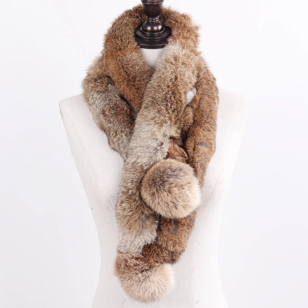 2026 New Russian Women Genuine Fur Long Scarf Winter Ladies Warm Real Rabbit Fur Muffler Knit Fluffy Pompoms Natural Fur Scarves