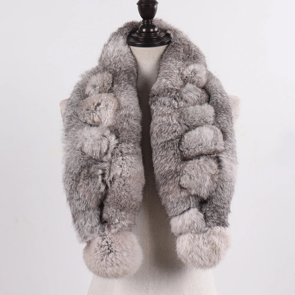 2026 New Russian Women Genuine Fur Long Scarf Winter Ladies Warm Real Rabbit Fur Muffler Knit Fluffy Pompoms Natural Fur Scarves