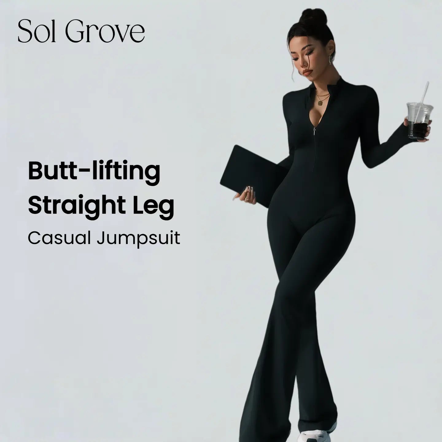 Sol Grove Sienna Casual Jumpsuit Women'S Sportswear Seamless Butt-Lifting Quick Dry Moisture-Wicking Elastic Fabric for Yoga Comfortable Everyday Wear with Front Zip Womenswear Black Overalls Rompers