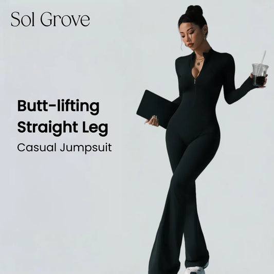 Sol Grove Sienna Casual Jumpsuit Women'S Sportswear Seamless Butt-Lifting Quick Dry Moisture-Wicking Elastic Fabric for Yoga Comfortable Everyday Wear with Front Zip Womenswear Black Overalls Rompers