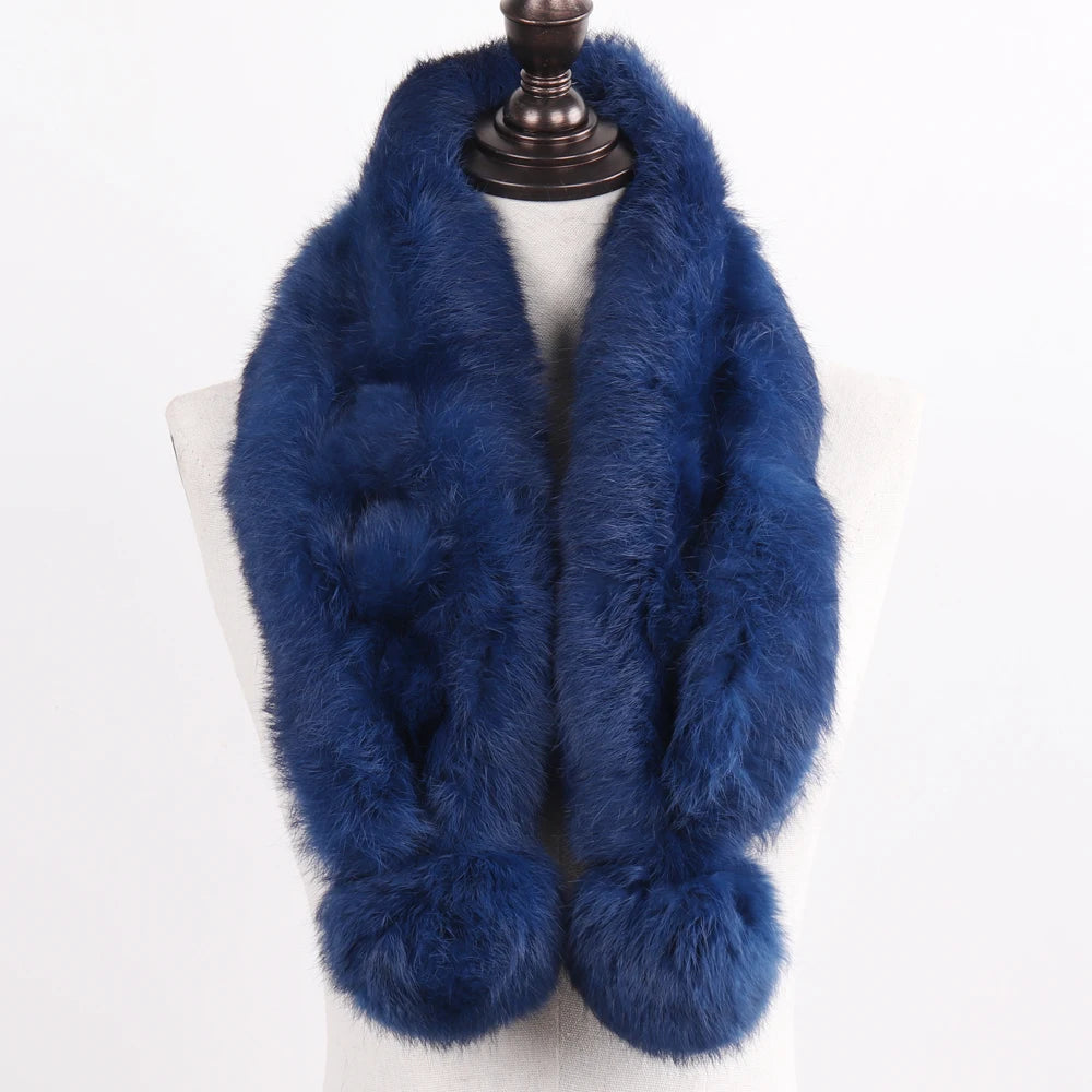 2026 New Russian Women Genuine Fur Long Scarf Winter Ladies Warm Real Rabbit Fur Muffler Knit Fluffy Pompoms Natural Fur Scarves