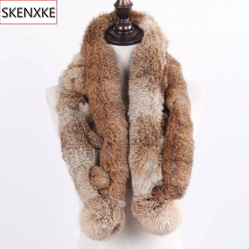 2026 New Russian Women Genuine Fur Long Scarf Winter Ladies Warm Real Rabbit Fur Muffler Knit Fluffy Pompoms Natural Fur Scarves
