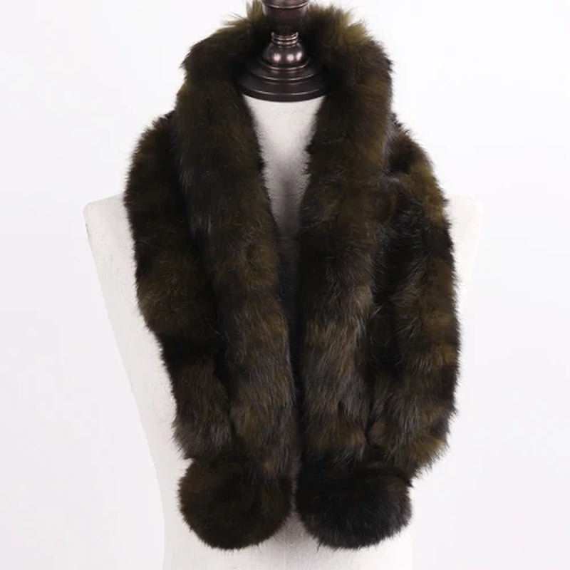 2026 New Russian Women Genuine Fur Long Scarf Winter Ladies Warm Real Rabbit Fur Muffler Knit Fluffy Pompoms Natural Fur Scarves